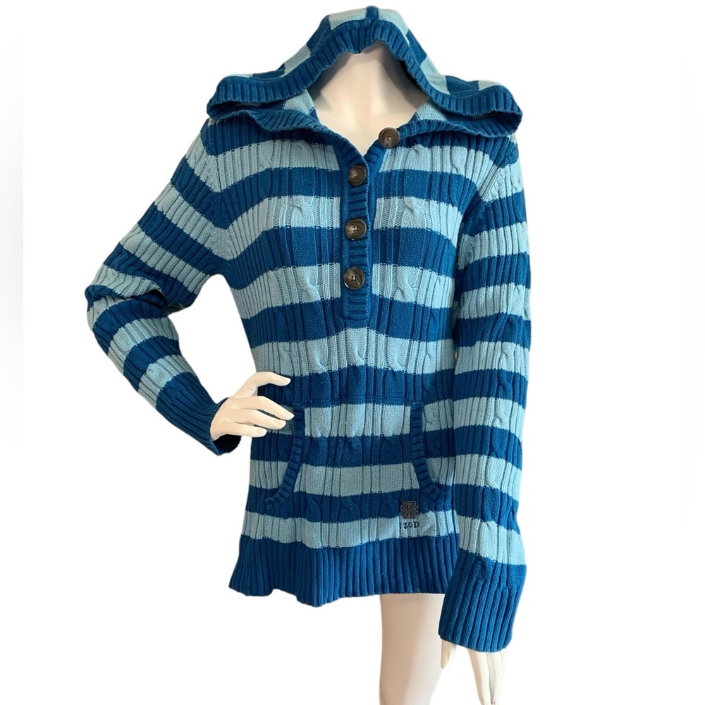 IZOD Large Blue Striped Hooded Sweater, button front, kangaroo pocket, GUC